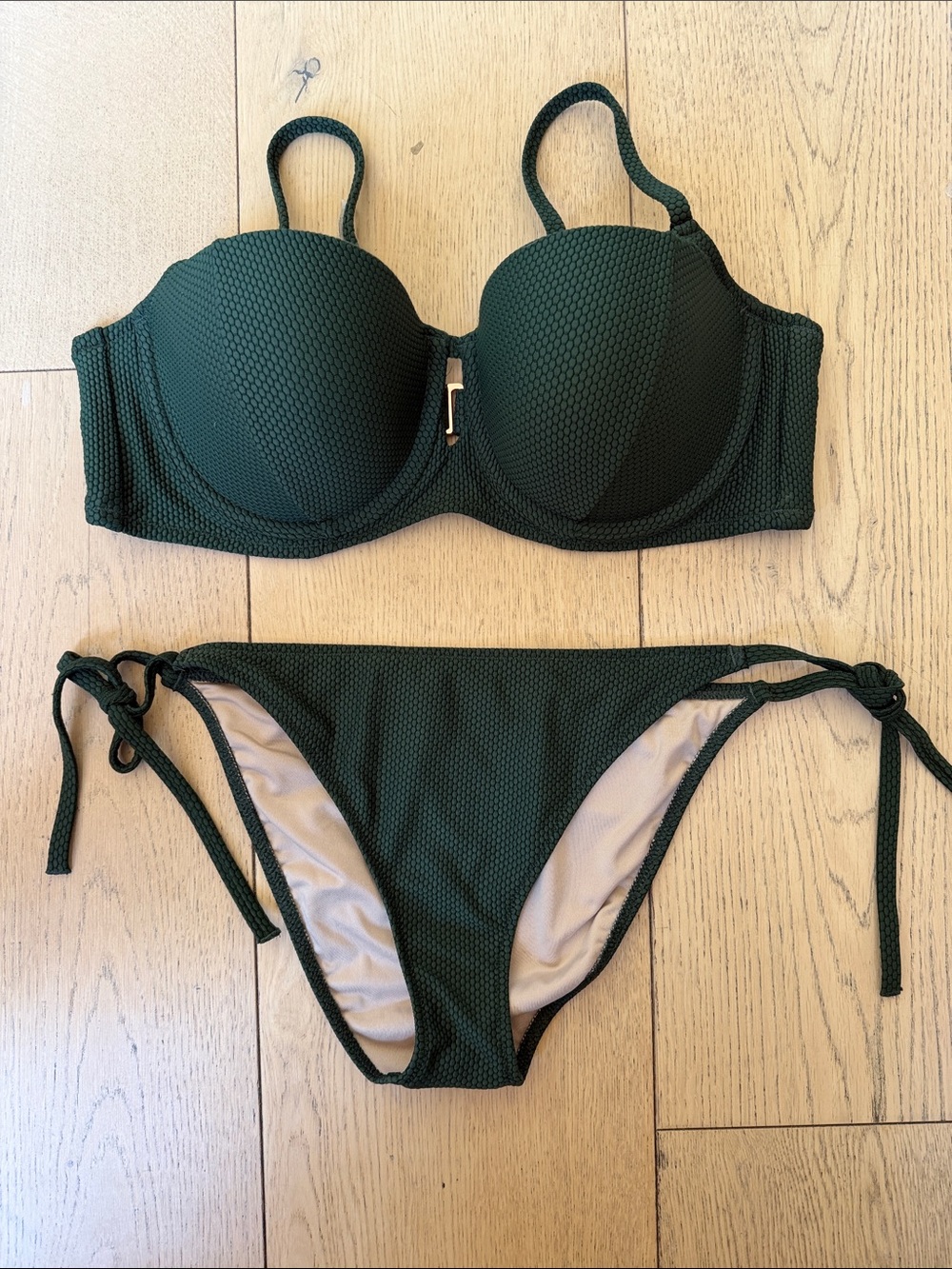 Shade & Shore Dark Green Textured Bikini Set with Tie-Side Bottoms